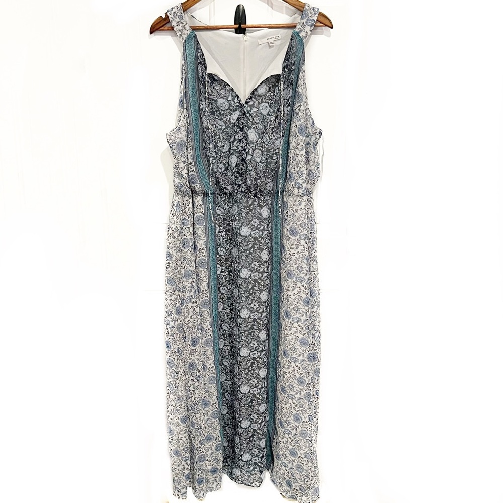 Blue White Floral Maxi Dress Boho Vneck Chiffon